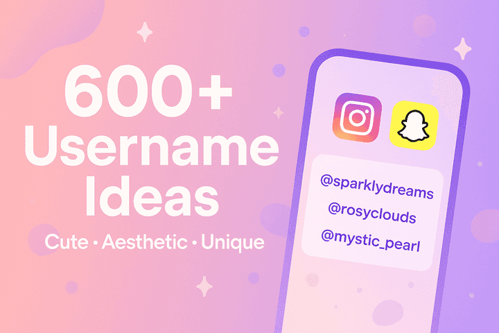 600+ Username Ideas — cute, aesthetic & unique — with Instagram and Snapchat icons and sample handles on a gradient background.